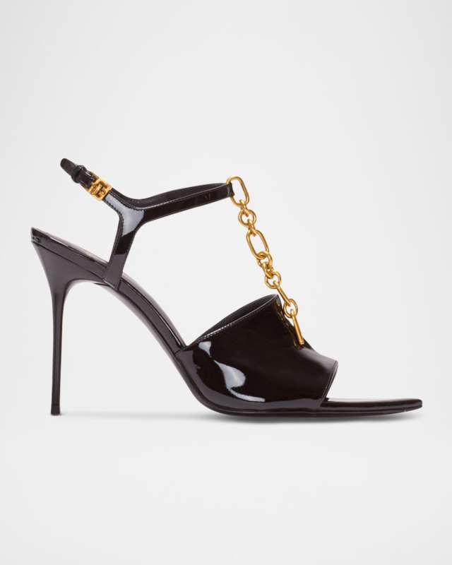 Sync Patent Leather Chain T-Strap Stiletto Sandals